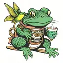 Samurai frog riding a hummingbird with a long tail.The frog is holding a coffee mug and is smoking. tattoo design idea