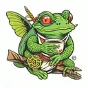 Samurai frog riding a hummingbird with a long tail.The frog is holding a coffee mug and is smoking. tattoo design idea