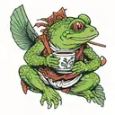 Samurai frog riding a hummingbird with a long tail.The frog is holding a coffee mug and is smoking. tattoo design idea