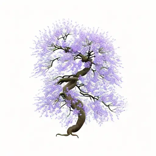 bonsai tree with dogwood and jacaranda flowers, and boas slithering up the trunk. tattoo design idea