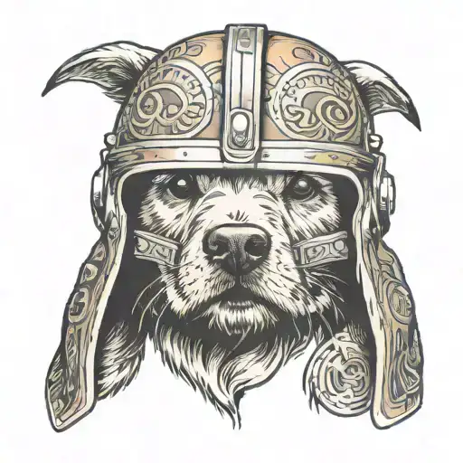 golden retriever puppy crawling out of an upside down Mandalorian helmet tattoo design idea