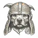 golden retriever puppy crawling out of an upside down Mandalorian helmet tattoo design idea