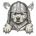 golden retriever puppy crawling out of an upside down Mandalorian helmet tattoo design idea