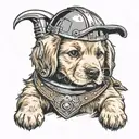 golden retriever puppy crawling out of an upside down Mandalorian helmet tattoo design idea