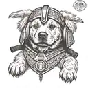 golden retriever puppy crawling out of an upside down Mandalorian helmet tattoo design idea