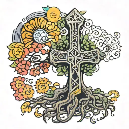 tree of life that morphs into a thor's hammer  tattoo design idea