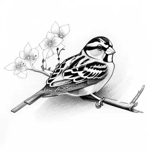 A delicate sparrow perched on a branch adorned with blooming flowers tattoo design idea