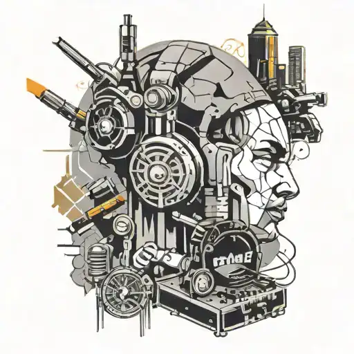 Incorporate iconic logos of famous DJs into a collage tattoo with a cyberpunk aesthetic tattoo design idea