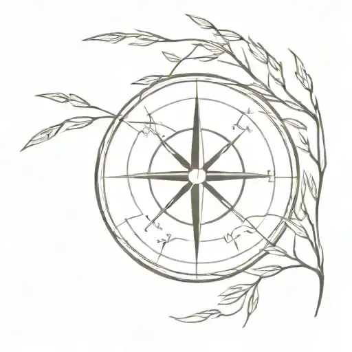 A minimalist tattoo design featuring a compass surrounded by willow branches, symbolizing guidance and strength in solitude tattoo design idea