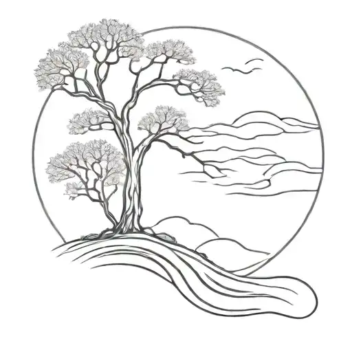 A minimalist tattoo of a lone willow tree standing strong in a storm, symbolizing resilience and inner strength tattoo design idea