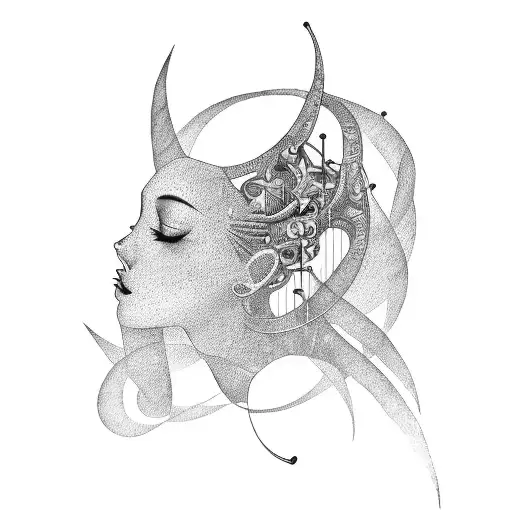 A beautiful female creature playing a musical instrument surrounded by DNA strands tattoo design idea