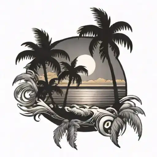 Sunset over the ocean with palm trees and waves tattoo design idea