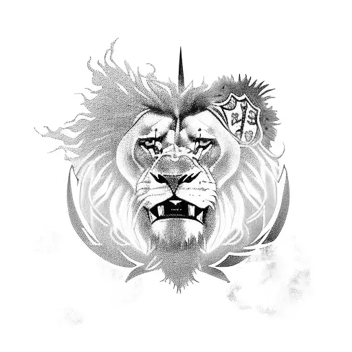 A Scottish castle surrounded by electric bolts and football flags, with a lion sitting on top of a vintage car tattoo design idea