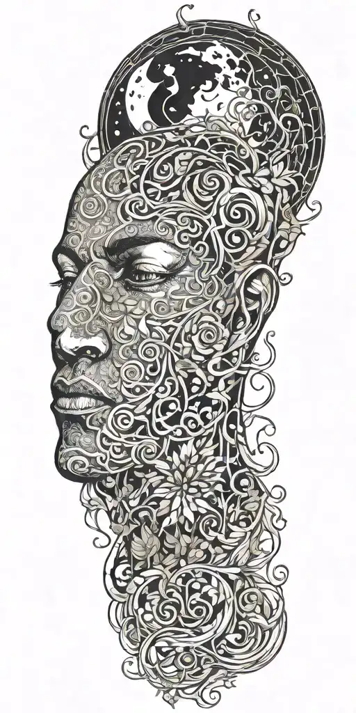 Ayahuasca inspired design featuring vines surrounding a portrait, the moon  tattoo design idea