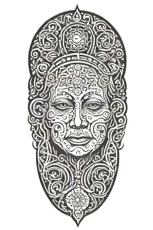 Ayahuasca inspired design featuring vines surrounding a portrait of grandmother aya portrait, the moon and third eye tattoo design idea