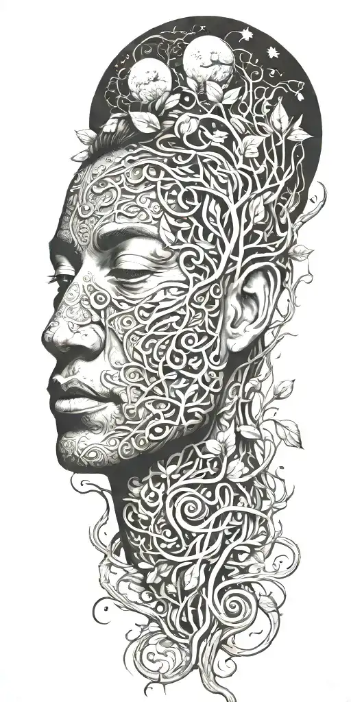 Ayahuasca inspired design featuring vines surrounding a portrait, the moon  tattoo design idea