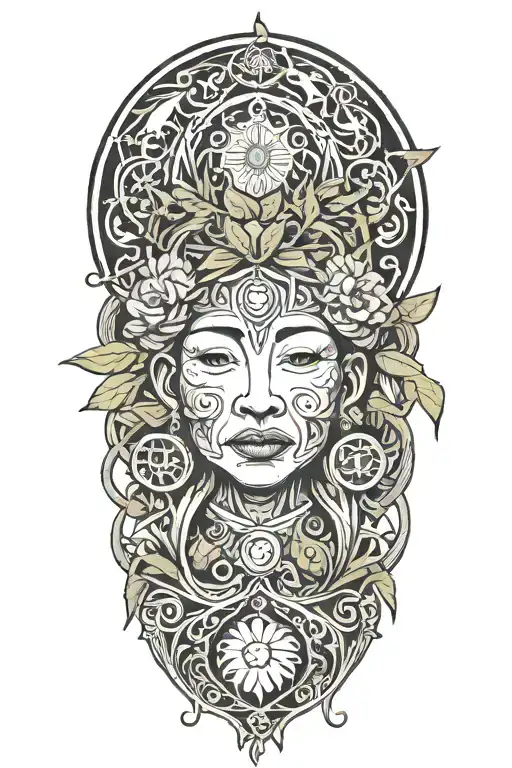 Ayahuasca inspired design featuring vines surrounding a portrait of grandmother aya portrait, the moon and a rebirth tattoo design idea