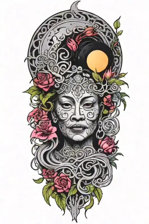 Ayahuasca inspired design featuring vines surrounding a portrait of grandmother aya portrait, the moon and a rebirth tattoo design idea