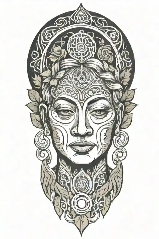 Ayahuasca inspired design featuring vines surrounding a portrait of grandmother aya portrait, the moon and third eye tattoo design idea
