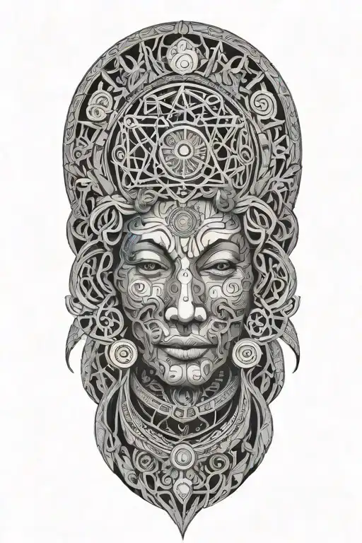 Ayahuasca inspired design featuring vines surrounding a portrait of grandmother aya portrait, the moon and a rebirth tattoo design idea