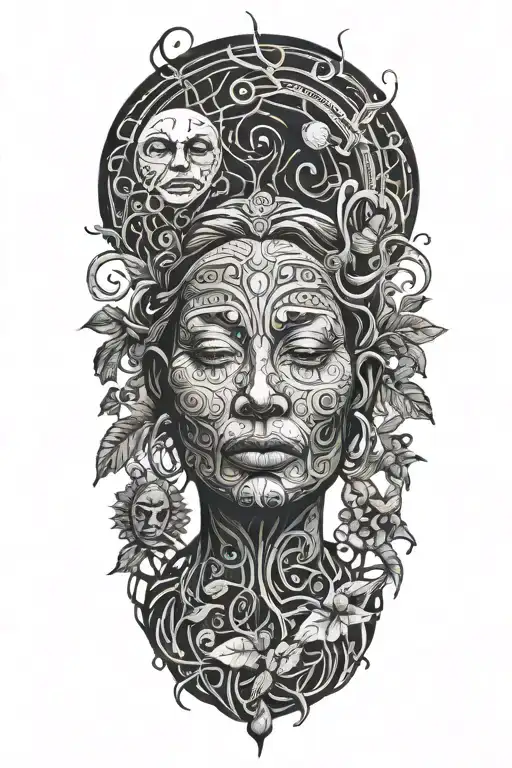 Ayahuasca inspired design featuring vines surrounding a portrait of grandmother aya portrait, the moon and third eye tattoo design idea