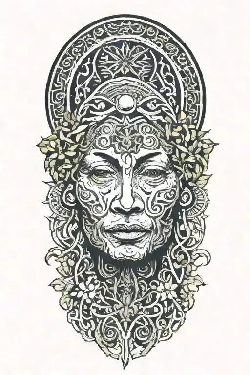 Ayahuasca inspired design featuring vines surrounding a portrait of grandmother aya portrait, the moon and a rebirth tattoo design idea