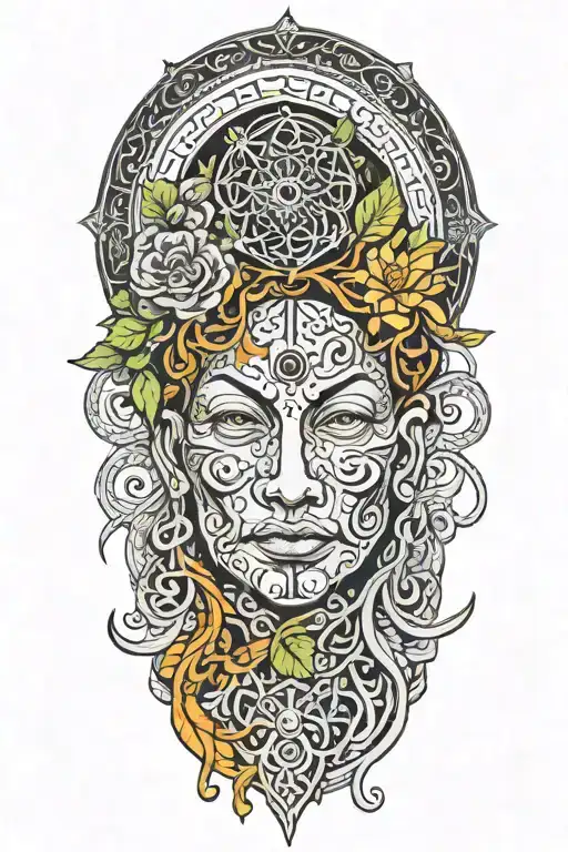 Ayahuasca inspired design featuring vines surrounding a portrait of grandmother aya portrait, the moon and third eye tattoo design idea