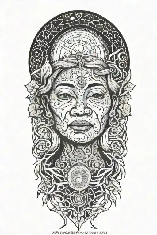 Ayahuasca inspired design featuring vines surrounding a portrait of grandmother aya portrait, the moon and third eye tattoo design idea