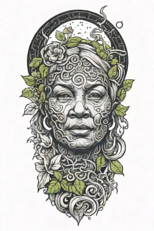 Ayahuasca inspired design featuring vines surrounding a portrait of grandmother aya portrait, the moon and a rebirth tattoo design idea