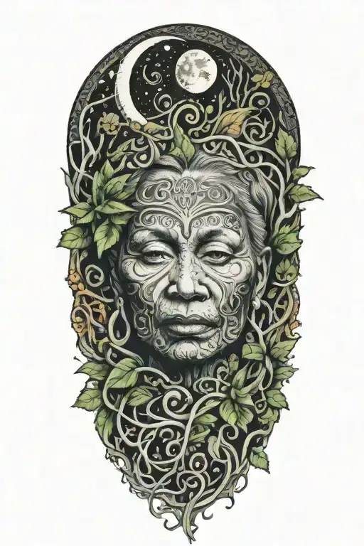 Ayahuasca inspired design featuring vines surrounding a portrait of grandmother aya portrait, the moon and a rebirth tattoo design idea