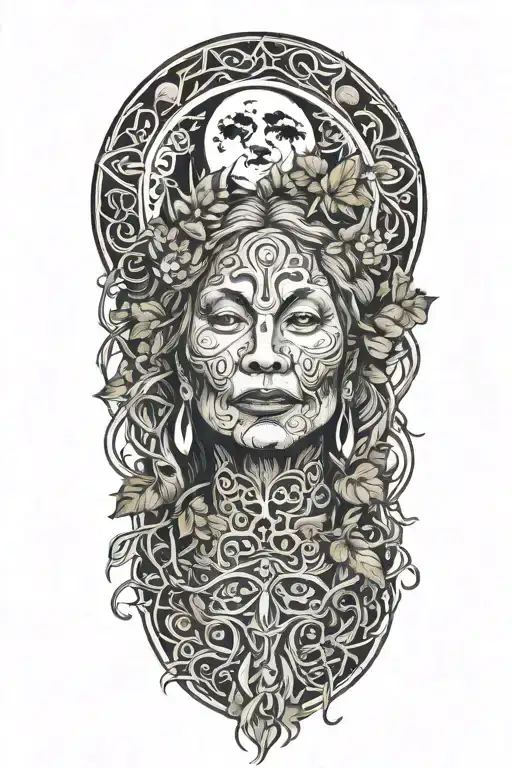 Ayahuasca inspired design featuring vines surrounding a portrait of grandmother aya, the moon  tattoo design idea
