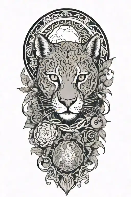 Ayahuasca inspired design featuring vines surrounding a puma, the moon and a rebirth  tattoo design idea