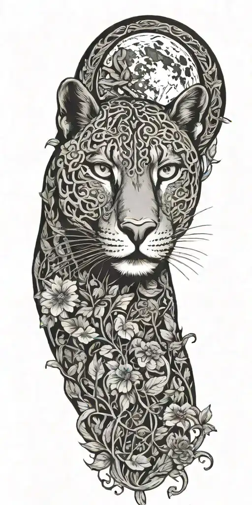 Ayahuasca inspired design featuring vines surrounding a puma, the moon and a rebirth  tattoo design idea