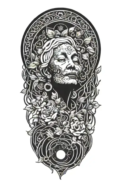 Ayahuasca inspired design featuring vines surrounding a portrait of grandmother aya portrait, the moon and a rebirth tattoo design idea