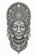 Ayahuasca inspired design featuring vines surrounding a portrait of grandmother aya portrait, the moon and a rebirth tattoo design idea