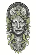 Ayahuasca inspired design featuring vines surrounding a portrait of grandmother aya portrait, the moon and a rebirth tattoo design idea