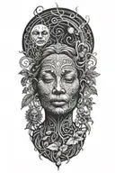 Ayahuasca inspired design featuring vines surrounding a portrait of grandmother aya portrait, the moon and third eye tattoo design idea