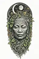 Ayahuasca inspired design featuring vines surrounding a portrait of grandmother aya portrait, the moon and a rebirth tattoo design idea