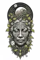 Ayahuasca inspired design featuring vines surrounding a portrait of grandmother aya portrait, the moon and a rebirth tattoo design idea
