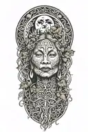 Ayahuasca inspired design featuring vines surrounding a portrait of grandmother aya, the moon  tattoo design idea