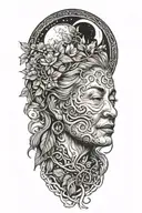 Ayahuasca inspired design featuring vines surrounding a portrait of grandmother aya, the moon  tattoo design idea