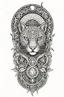 Ayahuasca inspired design featuring vines surrounding a puma, the moon and a rebirth  tattoo design idea
