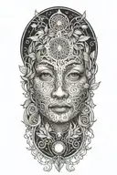 Ayahuasca inspired design featuring vines surrounding a portrait of grandmother aya portrait, the moon and a rebirth tattoo design idea