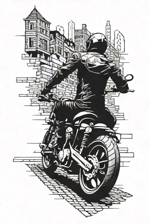 A motorcycle riding through a city street made of evil bricks tattoo design idea