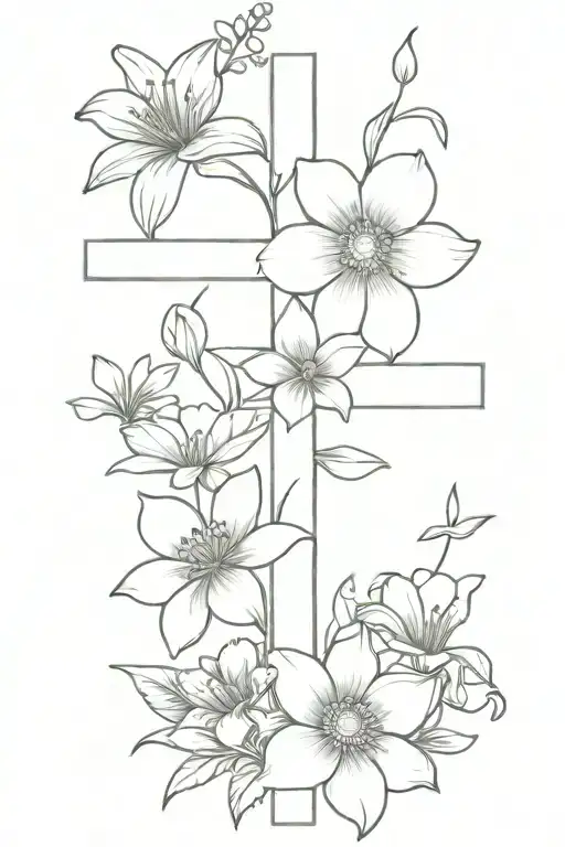 cross with a daisy and sweet pea flower, larkspur and water lily flower, morning glory and aster flower wrapped around   tattoo design idea