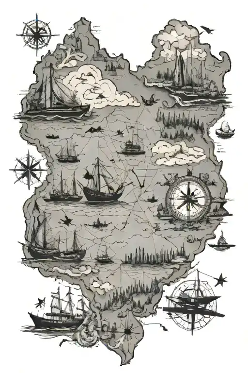 background map including China, east coastline of Australia and Canada(or Alberta) main subjects including compass，boat  tattoo design idea