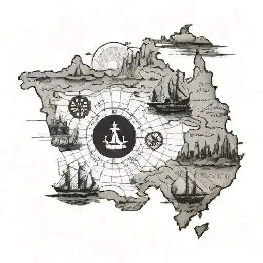 background map including China, east coastline of Australia and Canada(or Alberta) main subjects including compass，boat  tattoo design idea