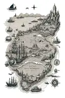 background map including China, east coastline of Australia and Canada(or Alberta) main subjects including compass，boat  tattoo design idea