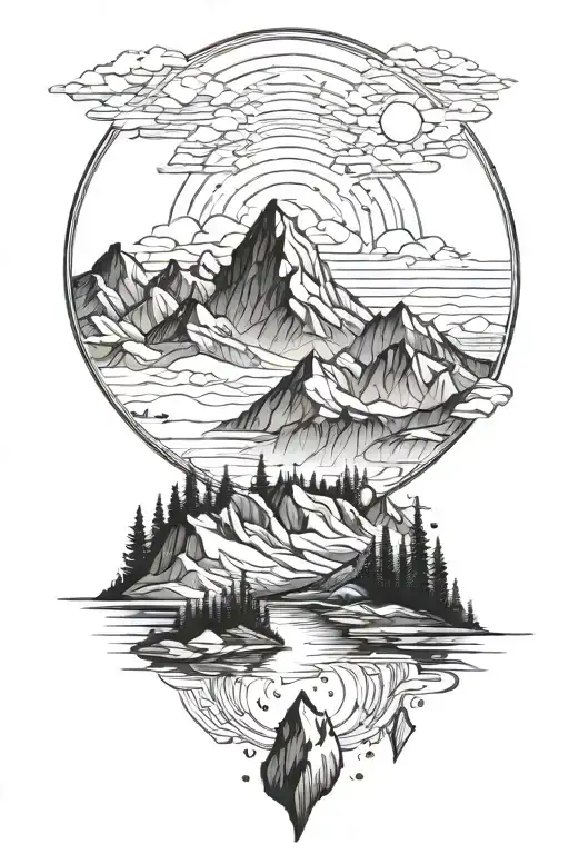 mountains mont-blanc lake infront ridge mountains at sunset tattoo design idea