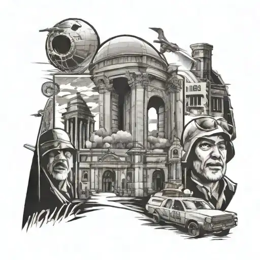 Design a tattoo featuring famous movie locations in a black and grey style, with subtle nods to Star Wars and Indiana Jones tattoo design idea